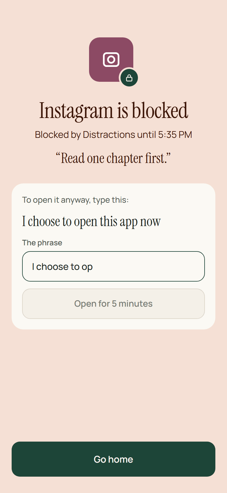 The block screen at its second level, with a clay colour and a message of its own: Read one chapter first. To open Instagram anyway, the phrase I choose to open this app now has to be typed out, and is half typed.