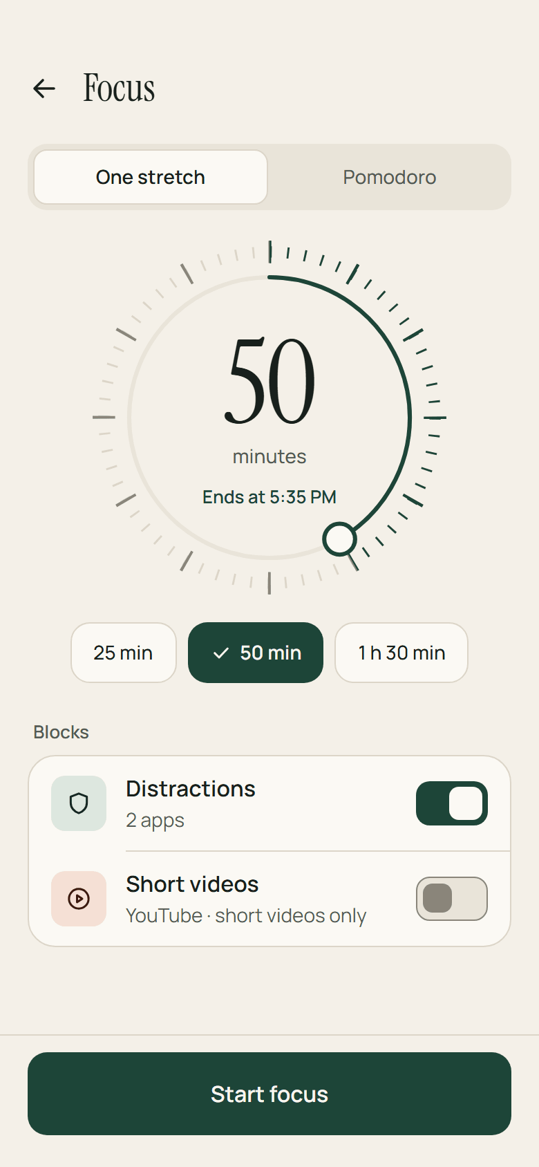 Starting a focus session. A dial set to 50 minutes, ending at 5:35 PM, with 25 minute, 50 minute and 1 hour 30 presets, a choice of one stretch or Pomodoro, and the lists the session will block.