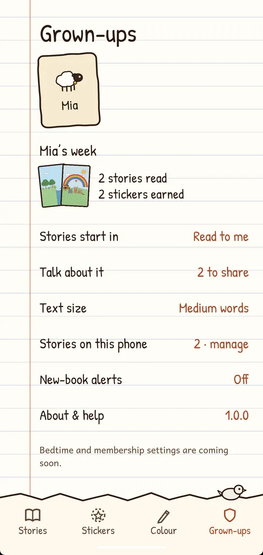 The Grown-ups notebook: Mia’s week, 2 stories read and 2 stickers earned, then settings for how stories start, Talk about it, text size, stories on this phone, new-book alerts, and About & help.