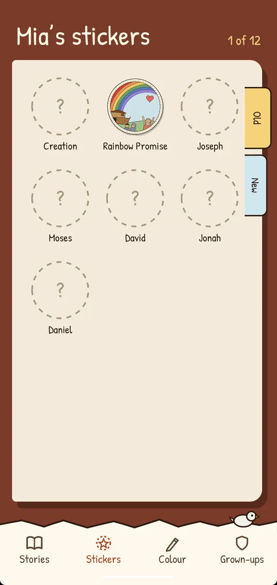 Mia’s stickers, 1 of 12. An Old Testament page with the Rainbow Promise sticker earned and dashed empty circles with question marks for Creation, Joseph, Moses, David, Jonah and Daniel.